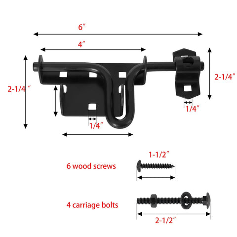 Heavy Duty Slide Bolt Gate Latch Featuring Reliable Padlock Hole For Wood Fences And Vinyl Gates, detailed dimensions and included screws.