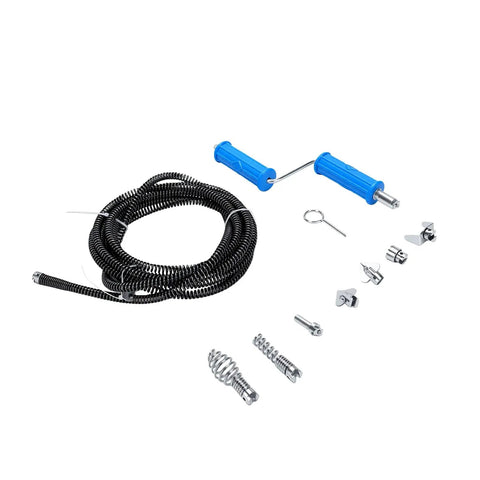 Heavy Duty Drain Snake Auger Handles Tough Sink Blockages No Sweat Yanks Hair And Grease Clogs Out Fast 3 Meter Flexible Alloy Steel Plumbing Tool, includes blue handles and multiple cutting heads.