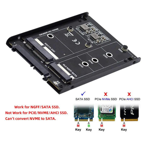Dual Slot M.2 NGFF bridge showing slots for MSATA drives, designed for 2.5 inch SATA HDD enclosures.