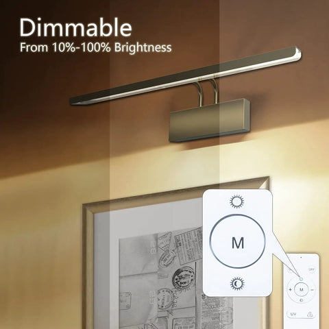 900 Lumen Dimmable LED Picture Light With Dual Arm Mount, 4 Color Modes Plus UV 395nm, shown on gallery wall with remote control