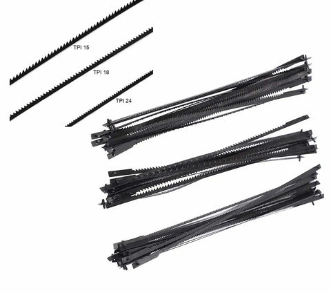 3 Inch Scroll Saw Blades Pin End Set With 15 TPI 18 TPI And 24 TPI 36 Pack displayed in black, suitable for precise cuts.