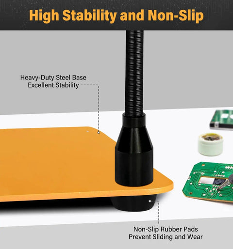 Close-up of Helping Hands Soldering Station heavy-duty steel base with non-slip pads and electronic components nearby.