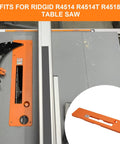 Dado Throat Plate Compatible With Ridgid Table Saw R4514 R4518 shown on table saw, orange metal insert for precision cuts.