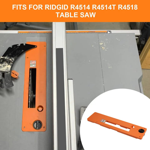Dado Throat Plate Compatible With Ridgid Table Saw R4514 R4518 shown on table saw, orange metal insert for precision cuts.