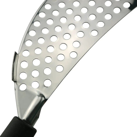 Close-up of Stainless Steel Crescent Pot Strainer Handheld Pasta Drainer For Spaghetti And Macaroni showing perforated design