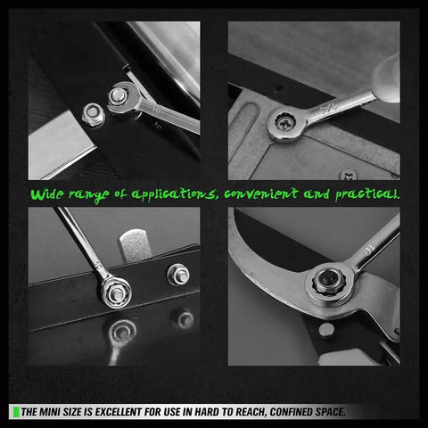 Tiny But Mighty 22-Piece Mini Wrench Set For Tight Spaces, shown in various usage scenarios with metal surfaces