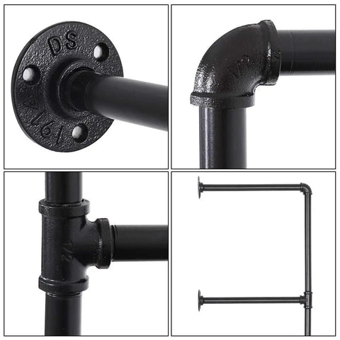 Industrial Style Wall Mount Pipe Shelf Kit Black 4 Tier Open Bookshelf DIY Iron Pipe Shelving System Two Pack connectors