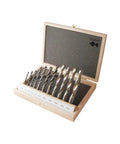 Professional Grade HSS Double Flute Brad Point Wood Drill Bit, 4 Mm X 55 Mm in a wooden case with various sizes.