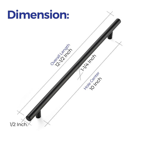 Matte Black Stainless Steel Cabinet Handles Set, 12-1/2 Inch Overall Length, 10 Inch Center-To-Center, dimensions diagram.