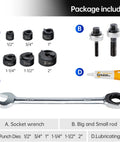 Manual Knockout Hole Punch Kit components including punch dies, socket wrench, rods, and lubricating oil for electrical conduit use.