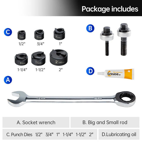 Manual Knockout Hole Punch Kit components including punch dies, socket wrench, rods, and lubricating oil for electrical conduit use.