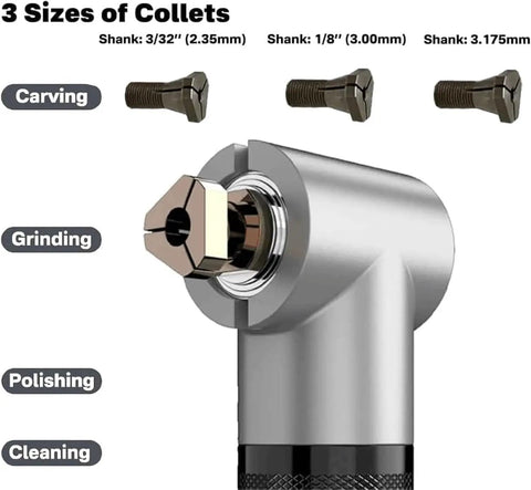 3 sizes of collets for the 350W Right Angle Die Grinder Offering Variable Speed Up To 15000 RPM for carving, grinding, polishing.