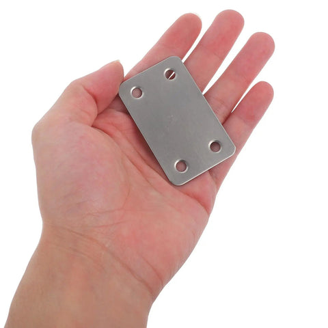 Flat Plate Brackets 12 Pack Stainless Steel Corner Braces For Wooden Furniture, shown in hand for scale, 5mm hole spacing visible.