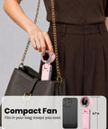 Rechargeable Handheld USB Fan With 5 Speeds For On The Go Personal Cooling Breeze fits into brown handbag, compact size pink fan