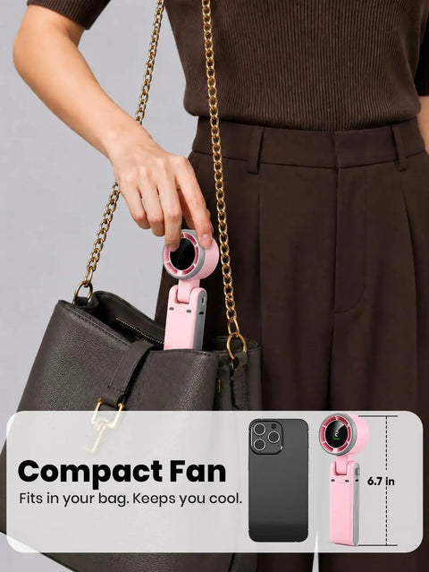 Rechargeable Handheld USB Fan With 5 Speeds For On The Go Personal Cooling Breeze fits into brown handbag, compact size pink fan