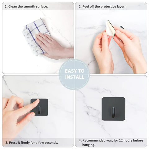 Installation steps for Stainless Steel Adhesive Hooks For Shower No Drill Stick On Wall Hangers Waterproof And Rust Resistant.