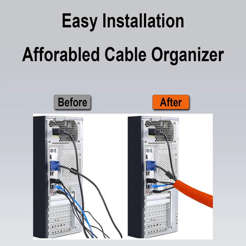 Before and after image showing easy installation of Beefy Heavy Duty Yellow HDPE Wire Loom Tubing for cable organization.