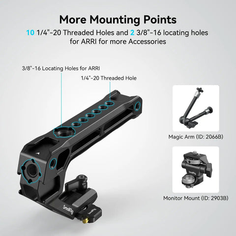 Lightweight NATO Top Handle With Quick Release NATO Rail For DSLR Camera Cages, ergonomic silicone grip with threaded holes.