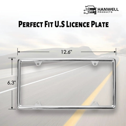 Beefy Chrome Zinc Alloy License Plate Frame Universal Fit Heavy Duty Never Rust Durable With Metal Screws Chrome Caps And Screwdriver Included Slim Design That Will Not Cover Your Tag shown on highway background