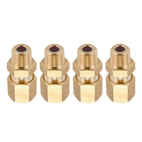 Front view: four brass compression straight tube fittings, 1/4" tube OD x 1/4" NPT male.