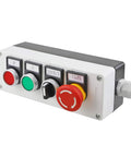 Red Green Push Button Emergency Stop Switch with Latching 3 Position Selector 2NO 1NC Rotary Switch in metal box, no light, 4 terminals.