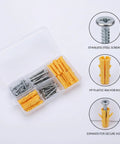 Plastic Hollow Wall Anchors With Stainless Steel Screws For Drywall And Masonry Expansion Mount Kit in clear box with components.