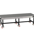 Industrial Mobile Welding Table With Precision Laser Cut Grid And Smooth Locking Casters For Easy Shop Rolling, dark frame and casters.