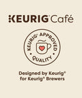 Keurig Café logo with "Keurig Approved Quality" and "Designed by Keurig for Keurig Brewers" text on a beige background.