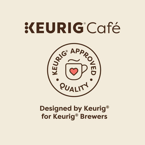 Keurig Café logo with "Keurig Approved Quality" and "Designed by Keurig for Keurig Brewers" text on a beige background.