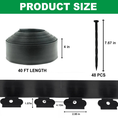 40 Foot Landscape Edging Kit With 48 Spikes Flexible Lawn Border size details, 4 in tall roll and 48 spikes, no dig design