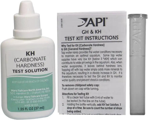 Slick Freshwater And Saltwater Aquarium Carbonate Hardness Test Kit Using Liquid Reagents To Dodge PH Swings And Watch Over Tank Crew Arrives With Crisp Color Charts Durable Glass Vials Zero Drama Manual And Double Packs For Smooth Water Testing Everyday, includes test solution bottle, instructions, and glass vial.