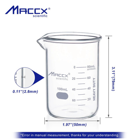 Sturdy 100 Ml Glass Beaker Set With Printed Graduation, Low Form Griffin Beakers, shown with measurements, heavy duty glassware.
