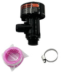 Trucktok high-flow manual relief valve for Quad DE pool filters; black plastic body with pink gasket and hose clamp.