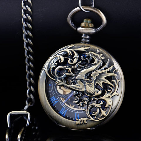 Dope Vintage Mechanical Steampunk Skeleton Pocket Watch With Carved Pattern Roman Numerals Hand Winding Movement Classic Hollow Case Chain And Box Included Distinctive Style For Everyday Wear, dragon design on bronze blue finish