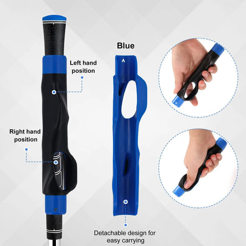 Golf Grip Trainer And Swing Corrector Arm Band Training Combo showing hand positions, blue color, detachable design.