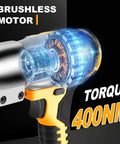 AUTOJARE Cordless Metal Shear Brushless Cutter 295 Ft Lbs Torque With 360 Degree Pivoting Head showing brushless motor detail.