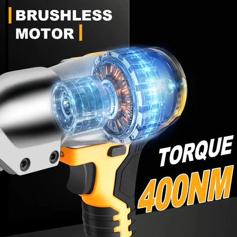 AUTOJARE Cordless Metal Shear Brushless Cutter 295 Ft Lbs Torque With 360 Degree Pivoting Head showing brushless motor detail.