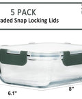 Five Pack 36 Oz Glass Meal Prep Containers With Snap Lock Lids, Airtight Glass Food Storage For Microwave, Oven, 36 oz size