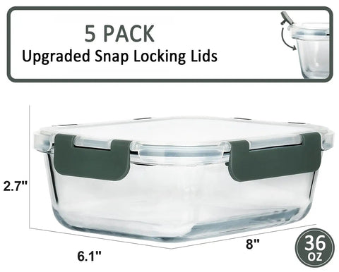 Five Pack 36 Oz Glass Meal Prep Containers With Snap Lock Lids, Airtight Glass Food Storage For Microwave, Oven, 36 oz size