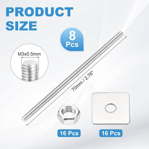 Eight Pack M3x70mm Fully Threaded Rods 304 Stainless Steel Right Hand Threaded Bar With Nuts and Washers for Heavy Duty Structural Anchoring and Fastening Ideal for Machine Tools and Mounting, 8 pcs