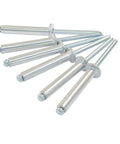 Six 60 Piece Aluminum Blind Rivet Assortment Kit, Three Sixteenth Inch By One And One Quarter Inch Closed End Pop Rivets spread out on surface