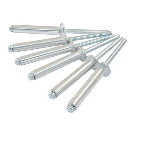 Six 60 Piece Aluminum Blind Rivet Assortment Kit, Three Sixteenth Inch By One And One Quarter Inch Closed End Pop Rivets spread out on surface