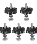 Built Different T Track Bolt And Hex Hand Knobs Kit With Stainless Steel Fasteners And Plastic Brass Insert Nuts For Precision Woodworking Jigs And Workshop Fixtures Black 5 Piece Set featuring five black plastic star knobs with metal bolts.
