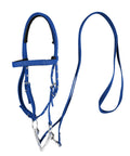 Adjustable Horse Bridle Set With Stainless Steel Bit And Reins, durable nylon webbing headstall, blue, for training and riding