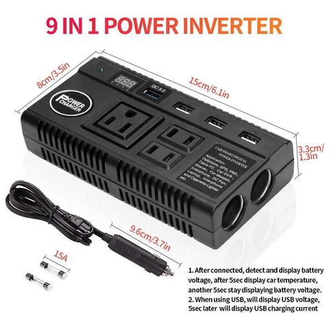 Game Changer 120W Car Power Inverter Loads Up Your Ride With Four Quick Charge USB slots and three standard outlets, compact design.