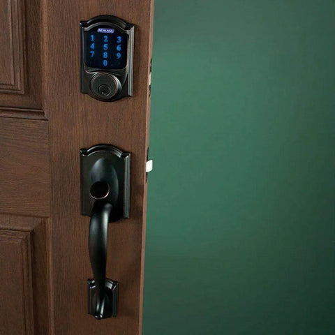 Right Hand Touchscreen Deadbolt With Built In Alarm For Keyless Entry On Main Doors Featuring Rust Resistant Aged Bronze Trim