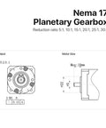 Premium NEMA 17 Planetary Gearbox Speed Reducer With 5 Millimeter Input Shaft technical diagram showing dimensions and reduction ratios.
