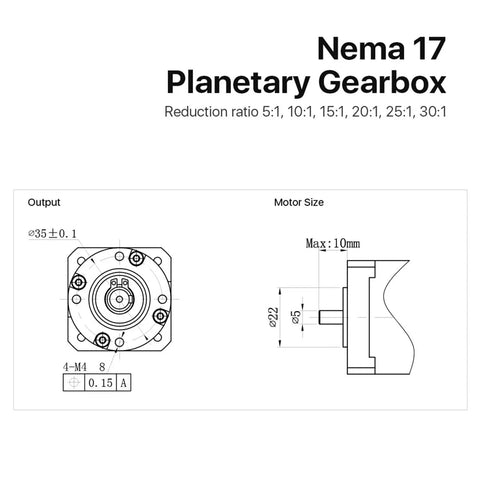 Premium NEMA 17 Planetary Gearbox Speed Reducer With 5 Millimeter Input Shaft technical diagram showing dimensions and reduction ratios.