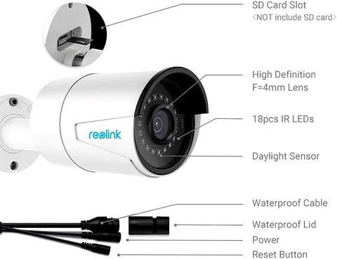 4MP PoE Outdoor Bullet IP Cam Add On For Reolink NVR Systems with features labeled, including lens and IR LEDs