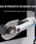 Alloy Steel Cable Cutter Electric Hydraulic Cutting Tool slicing through metal wire, showing durable construction and scissor head.